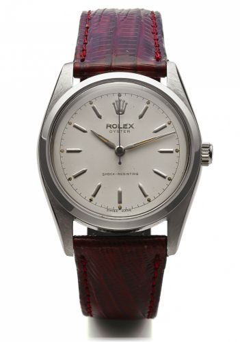 ROLEX REF. 6424 STEEL OYSTER.Rolex, Oyster, case No. 921555, Ref. 6424. Made circa.1960..Fine and rare, center seconds, shock-resisting, water-.resistant, stainless steel wristwatch..Dial, case and movement signed.