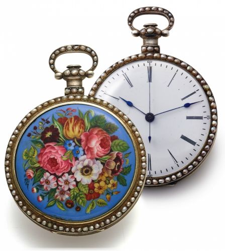 VAUCHER FLEURIER PEARL ENAMEL WATCH SILVER.Vaucher, Fleurier, case No. 5464. Made for the Chinese market, circa 1860..Very fine, and very rare, silver painted on enamel and pearl-set center-seconds.pocket watch with Chinese duplex escapement. Accompanie