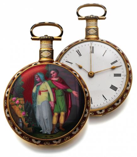 EDOUARD JUVET TITUS AND BERENICE GOLD.Edouard Juvet, Titus Berenice, Fleurier. Made for the Chinese market, No. 69, circa 1860..Fine and rare, center-seconds, gold, champlevé and painted on enamel pocket watch with.duplex escapement.