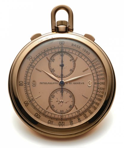 PATEK PHILIPPE REF. 685 CHRONOGRAPH POCKET WATCH.Patek Philippe Cie., Genève, Ref. 685, No. 862704, case No. 624655. Made in.1941, sold in April 1942..Extremely fine and rare, 18K rose gold keyless pocket watch with chronograph.and 30-minute register. A