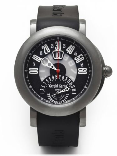 GERALD GENTA ARENA BIRETRO TITANIUM.Gérald Genta, Arena BiRetro, case No. 124402, Ref. BSP.Y.80..Sold on November 6th, 2009..Fine, self-winding, water-resistant, jump hour titanium.wristwatch with retrograde minutes and retrograde date with a.titanium Gér