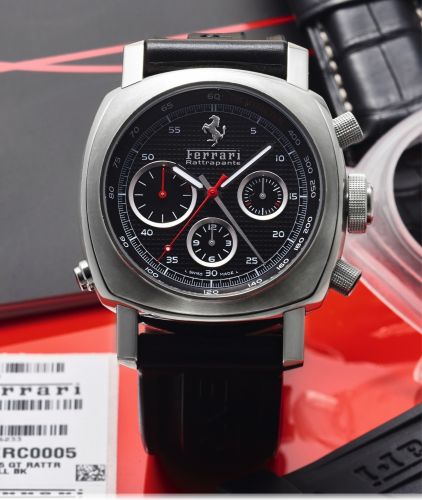 FERRARI BY PANERAI RATTRAPANTE STEEL.Ferrari, Engineered by Officine Panerai, Rattrapante, case No. BB.1224661, Ref. F 6657. Made circa 2006..Fine, cushion-shaped, large, water-resistant, self-winding, stainless.steel Chronometer wristwatch with round but