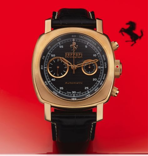 FERRARI REF. F 6663 FER00006 CHRONOGRAPH.ENGINEERED BY PANERAI PINK GOLD.Ferrari, Chronograph, Automatic, No. FB 228 / 300, case No. BB.1233245, Ref. F 6663. Made in a limited edition of 300 pieces in 2007..Fine and rare, large, cushion-shaped, self-windi
