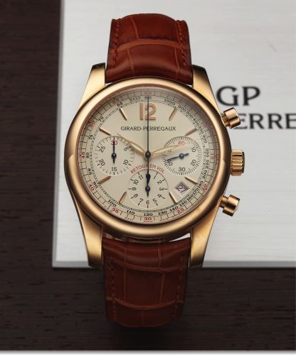 GIRARD-PERREGAUX REF. 4958.FLYBACK CHRONOGRAPH PINK GOLD.Girard-Perregaux, Chronograph Flyback, No. 93, Ref. 4958..Made circa 2007..Fine, self-winding, water-resistant, 18K pink gold wristwatch with.round button fly-back chronograph, registers, date, tach
