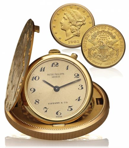 PATEK PHILIPPE, REF. 803, TWENTY DOLLAR.COIN WATCH RETAILED BY TIFFANY YELLOW GOLD.Patek, Philippe, Genève, movement No. 1163460, case No. 2682693.Ref. 803. Made circa 1975..Very fine and very rare, 18K yellow gold, keyless watch with extra.thin movement,