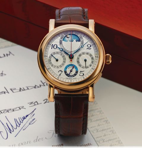 CHRISTIAAN VAN DER KLAAUW ASTROLABIUM PINK GOLD.Christiaan Van der Klaauw, Netherlands, Astrolabium 2000, case No. 750/000 No.5..Sold in October 2005..Very fine, rare and unusual, astronomic, self-winding, waterresistant, 18K pink gold.wristwatch with an 