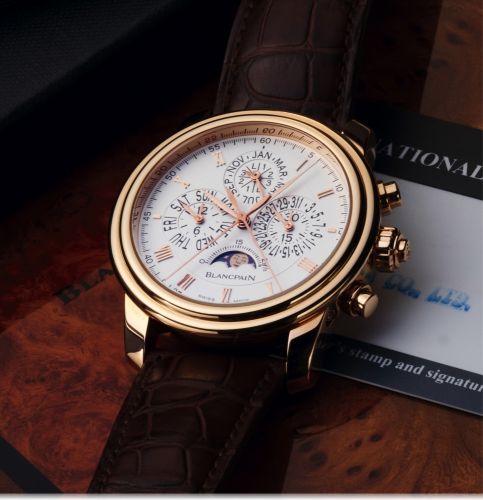 BLANCPAIN SPLIT SECONDS PERPETUAL CALENDAR PINK GOLD.Blancpain, Chronographe Rattrapante - Perpetual Calendar, No. 82, Ref. 4286..Sold on December 31th, 2007..Very fine, rare, heavy and large, self-winding, 18K pink gold wristwatch with round.button co-ax