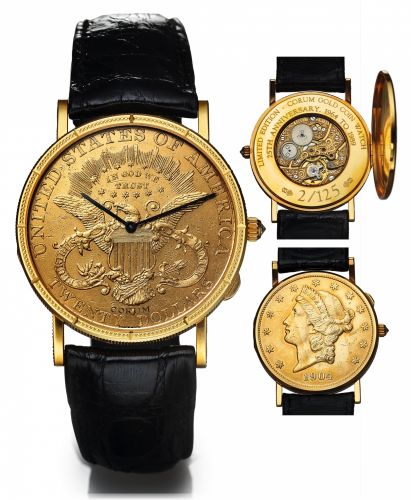 CORUM 20 DOLLAR 25TH ANNIVERSARY.COIN WATCH YELLOW GOLD.Corum, Coin Watch, No. 02 / 125, movement No. 500617..Made in 1989 in a limited edition of 125 pieces to.commemorate the 25th Anniversary of the Corum coin.watch..Fine, thin, 18K yellow gold wristwat