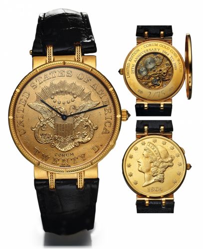 CORUM 20 DOLLAR 25TH ANNIVERSARY.COIN WATCH YELLOW GOLD.Corum, Coin Watch, No. 02 / 75, movement No. 500647. Made.in 1989 in a limited edition of 75 pieces to commemorate the.25th Anniversary of the Corum coin watch..Fine, thin, 18K yellow gold wristwatch
