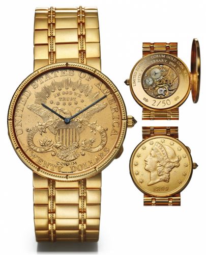 CORUM 20 DOLLAR 25TH ANNIVERSARY.COIN WATCH YELLOW GOLD.Corum, Coin Watch, No. 02 / 50, movement No. 500647. Made.in 1989 in a limited edition of 50 pieces to commemorate the.25th Anniversary of the Corum coin watch..Fine, thin, 18K yellow gold wristwatch