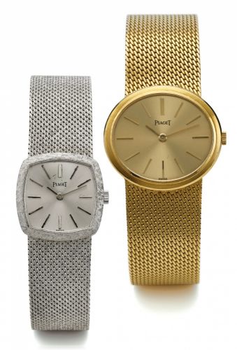 SET OF 2 PIAGET LADY'S WRISTWATCHES.A) PIAGET REF. 9231 WHITE GOLD.Piaget, swiss, No. 650378. Ref. 9231. Made circa 1970's..Fine, cushion shaped, 18K white gold lady's wristwatch with an 18K white gold integrated and meshed Piaget.bracelet..B) PIAGET REF.