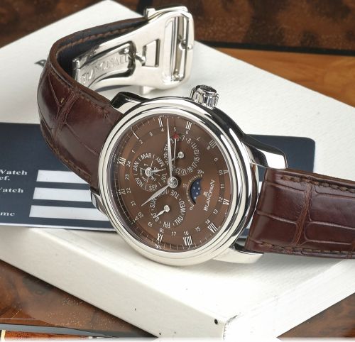 BLANCPAIN LE BRASSUS HAVANA PERPETUAL CALENDAR GMT PLATINUM.Blancpain, Perpetual Calendar GMT Automatic, Havana, No. 30/150, Ref. 4277. Made in a limited.edition of 150 pieces in 2006..Very fine, two time zone, self-winding, water-resistant, platinum wris