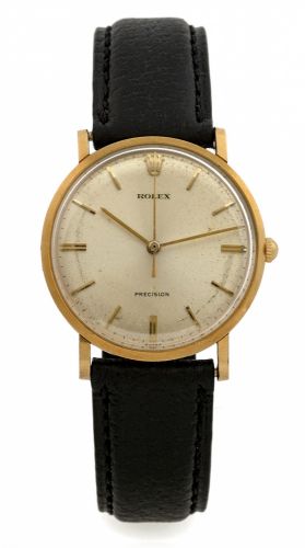 ROLEX REF. 9659 YELLOW GOLD.Rolex, Precision, case No. 677588, Ref. 9659. Made in the 1960s. Fine and.elegant, center seconds, 18K yellow gold.wristwatch..Dial, case and movement signed.