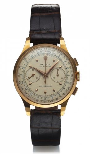ROLEX REF. 3834 CHRONOGRAPH YELLOW GOLD.Rolex Chronograph, Antimagnetic, case No. 13150, Ref. 3834 R..Made in the 1950's..Fine and rare, antimagnetic, 18K yellow gold wristwatch with square.button chronograph, register, tachometer, telemeter and a gold-.p