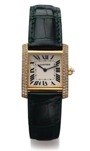 CARTIER REF. 1821 TANK FRANÇAISE.YELLOW GOLD.DIAMOND QUARTZ.Cartier, Tank Française, case No. MG 294383, Ref. 1821..Made in the 1990's..Fine, square curved, water resistant, 18K yellow gold and.diamonds quartz lady's wristwatch with an 18K yellow gold.Car