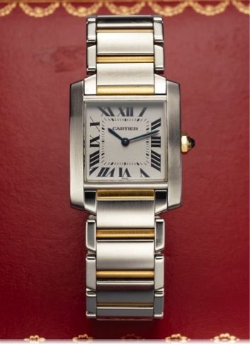 CARTIER REF. 2301 TANK STEEL GOLD QUARTZ.Cartier, Tank Française, case No. CC 180592, Ref. 2301..Made circa 2000..Fine, square and curved, water-resistant, stainless steel and.yellow gold quartz wristwatch with a stainless steel and.yellow gold Cartier 