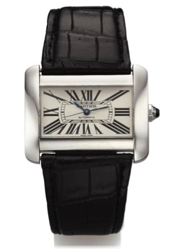 CARTIER REF. 2612 TANK DIVAN STAINLESS STEEL.Cartier, Tank Divan, Automatic, case No. 435532CE, Ref. 2612. Made circa 2008..Fine, horizontal rectangular and curved, center seconds.self-winding, water resistant, stainless steel wristwatch with.a Cartier st