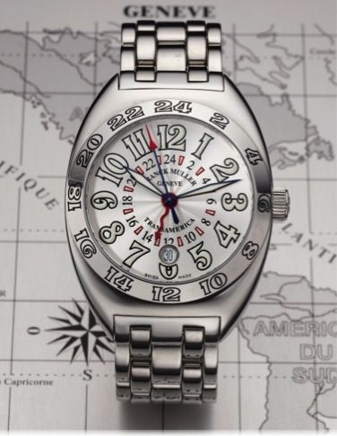 FRANCK MULLER REF. 2000 WW TRANSAMERICA STEEL.Franck Muller, Genève, Transamerica, case No. 375, Ref. 2000.WW. Made circa 2000. Fine, tonneau shaped, two-time-zone, self-.winding, center seconds, stainless steel wristwatch with date and.a stainless steel 