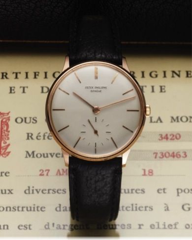 PATEK PHILIPPE REF. 3420 PINK GOLD.Patek Philippe, Genève, No. 730463, case No. 427974, Ref. 3420..Made in 1962..Very fine and rare, antimagnetic, 18K yellow gold wristwatch..Accompanied by the original fitted box and Certificate of Origin.