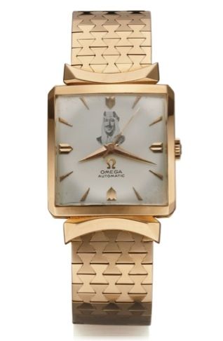 OMEGA REF. 3977 KING IBN SAUD.Omega Automatic, No. 16125293, case No. 218883.Ref. 3977 SC. Made in the late 1950's..Fine and rare, square, center seconds, self-winding.18K pink gold wristwatch with the portrait of King Ibn.Saud of Saudi Arabia and an inte