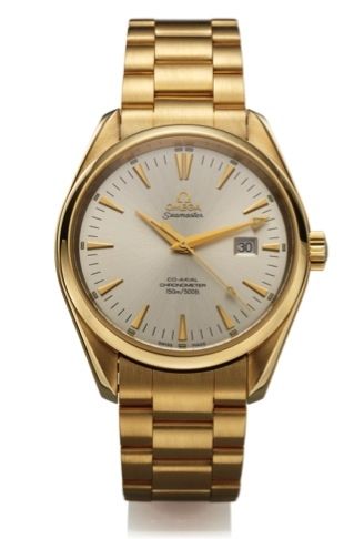 OMEGA SEAMASTER CO-AXIAL AQUA TERRA YELLOW GOLD.Omega, Chronometer, Seamaster - Aqua Terra, No. 80514500, Ref. 2500..Made circa 2008..Fine, center seconds, self-winding, water resistant to 150 m, 18K yellow.gold wristwatch with date, Co-axial escapement a