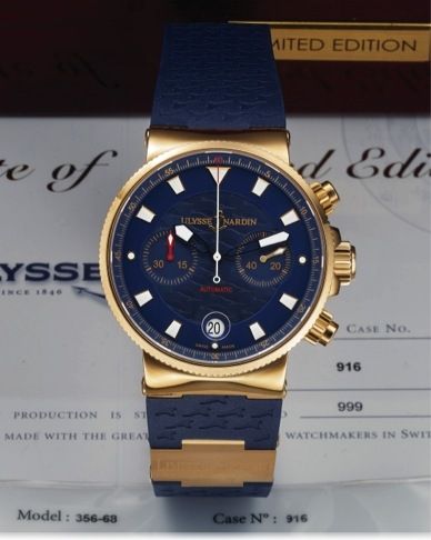 ULYSSE NARDIN REF. 356-68 BLUE SEAL LIMITED.EDITION CHRONOGRAPH PINK GOLD.Ulysse Nardin, Blue Seal Limited Edition Chronograph, No. 916 /.999, Ref. 356-68. Made in a limited edition of 999 circa 2012..Fine, self-winding, water-resistant, 18K pink gold wri