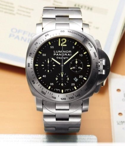 PANERAI PAM 236 LUMINOR CHRONO DAYLIGHT STEEL.Officine Panerai, Firenze 1860, Daylight - Luminor Chronograph.Automatic, No. I 312/500, case No. OP 6666 PB543403. Made in a.limited edition of 500 pieces. Sold on March 1st, 2007..Fine and rare, large, cushi