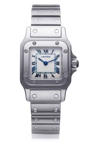 CARTIER SANTOS STEEL.Cartier, Santos, No. 339677CD, Ref. 1565. Made.in the 1990s..Fine, square curved,water-resistant, stainless.steel lady's quartz wristwatch with date, with.a brushed, integrated stainless steel Cartier.bracelet with deployant clasp..Di