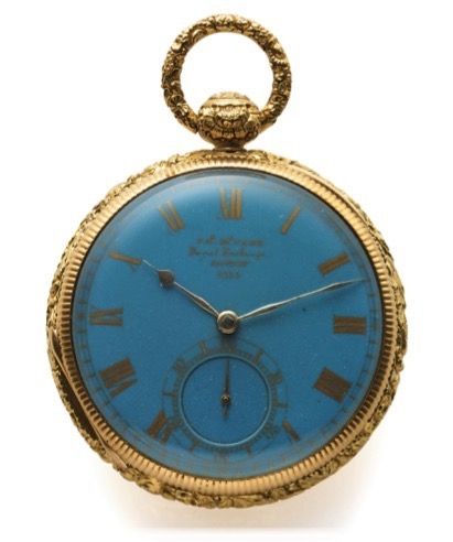 JAMES MCCABE GOLD DUPLEX.POCKET WATCH WITH BLUE ENAMEL DIAL.Jas. McCabe, Royal Exchange, London, No. 9115. Made circa.1820, the case with indistinct London hallmarks..Very fine and rare, large and heavy 18K gold pocket watch.with duplex escapement and unu