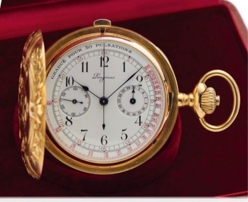 LONGINES ESCULAPE.CHRONOGRAPH YELLOW GOLD.Longines, ''Grand Prix Paris 1900 Chronographe'.case No.2086591. Made circa 1920s..Fine and rare, keyless, 18K yellow gold, hunting cased.pocket watch. Accompanied by fitted box.
