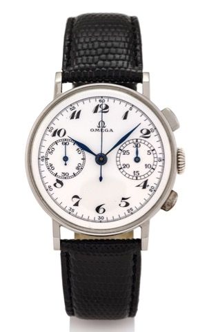 OMEGA REF 2393/3 ENAMEL DIAL STEEL.Omega, movement No. 11028496, Ref. 2393/3..Made circa 1945..Fine and rare, stainless steel chronograph wristwatch with olive button chronograph, 30-minute register.with an Omega stainless steel buckle..Dial, case and mov