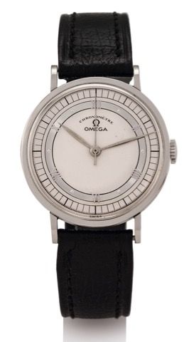 OMEGA REF. 2367-6 CHRONOMETRE.CENTER-SECONDS TWO-TONE DIAL STEEL.Omega, Chronomètre, No. 1066198, Ref. 2367-6..Made circa 1948..Very fine, large, stainless steel Chronometer wristwatch with indirect center seconds and an.Omega stainless steel buckle.