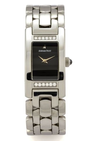 AUDEMARS PIGUET PROMESSE LADY'S STEEL AND.DIAMONDS.Audemars Piguet, Promesse, case No. E 41361, Ref. 67259. Made in the 2000s..Fine and elegant, rectangular curved, water-resistant, stainless steel and.diamonds lady's quartz wristwatch with a stainless st