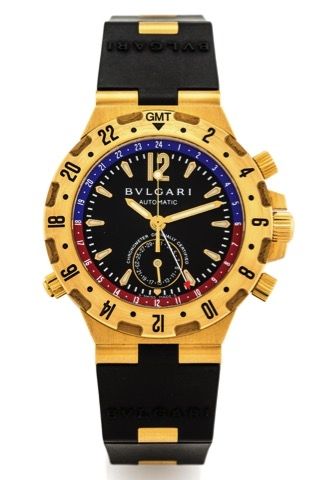 BULGARI DIAGONO GMT YELLOW GOLD.Bulgari, Automatic Chronometer Officially Certified, GMT.Diagono Professional, No. L1159, Ref. GMT 40 G. Made.circa 2003..Fine, self-winding, water-resistant heavy 18K yellow gold.wristwatch with center seconds, three-time-
