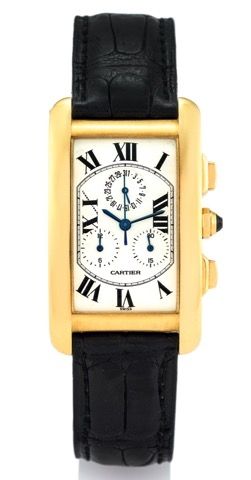 CARTIER, REF. 1730, TANK AMERICAINE CHRONOREFLEX.Cartier, case No. CC115883, Ref. 1730. Made in the 2000's..Fine, large rectangular curved, water-resistant, 18K yellow gold.quartz wristwatch with square button chronograph, registers, date.and an 18K yello