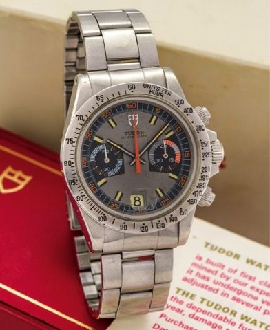 TUDOR REF. 7159 MONTE CARLO.Tudor, Oysterdate, case No. 775876, Ref. 7159/0, case made by.Rolex, Geneva. Made in 1973, sold on December 18th, 1976..Fine and rare, water-resistant, stainless steel wristwatch with date.round-button chronograph, register, ta