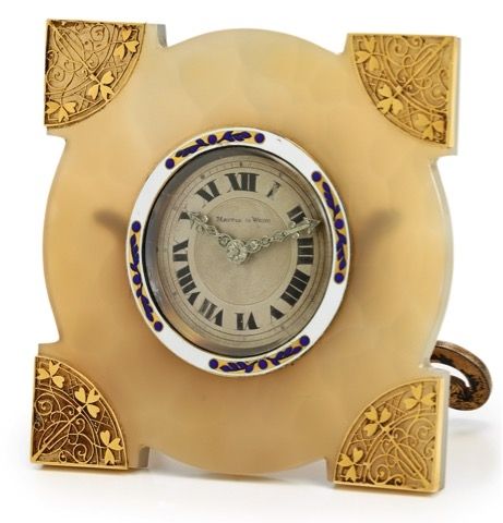 MAPPIN WEBB AGATE GOLD ENAMEL CLOCK.Mappin Webb, the movement Swiss, case No. 297. Made circa 1910..Fine, 8-day going, agate, silver, gold and enamel desk clock.