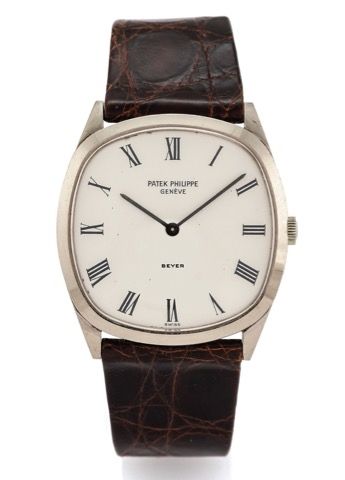 PATEK PHILIPPE REF. 3544.RETAILED BY BEYER WHITE GOLD.Patek Philippe, Genève, No. 1222606, case No..2738858, Ref. 3544. Made in the 1970s..Fine, carré galbé, 18K white gold wristwatch with an.18K white gold Patek Philippe buckle..Dial, case and movement s