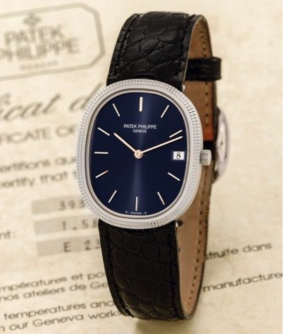 PATEK PHILIPPE REF. 3931 ELLIPSE QUARTZ STEEL.Patek Philippe, Genève, Ellipse, movement No. 1583459.Ref. 3931. Sold on July 29th, 1989..Fine, oval, stainless steel quartz wristwatch with a stainless.steel Patek Philippe buckle. Accompanied by the certific