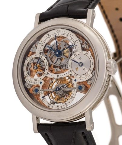 BREGUET REF. 3755 SKELETONIZED.PERPETUAL CALENDAR TOURBILLON PLATINUM.Breguet, Tourbillon Skeleton Perpetual No. 1137 AE, Ref. 3755. Made circa 2009..Very fine, rare and important limited series platinum-cased.wristwatch with skeletonized pink movement, v
