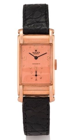 ROLEX REF. 3937 PRINCE CHRONOMETER 14K PINK GOLD.Rolex Prince, Certified Chronometer, Ref. 3937. Case No. 62447..Made in 1955..Very fine and rare, rectangular curved, 14K pink gold gentleman's.wristwatch with scroll lugs.