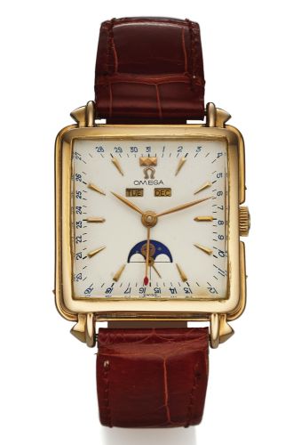 OMEGA REF. 3944 COSMIC YELLOW GOLD.Omega, No. 13647456, case No. 132016, Ref. 3944..Made circa 1951..Very fine and rare, square, astronomic, 18K yellow.gold wristwatch with triple date, moon phases and.a gold plated stainless steel deployant clasp..Dial, 
