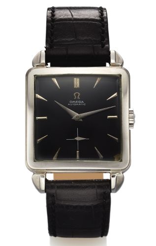 OMEGA REF. 3903 BLACK DIAL STEEL.Omega, No. 12627505, Ref. 3903-5. Made circa 1952..Very fine and rare, square, stainless steel wristwatch..Dial, case and movement signed.