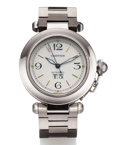 CARTIER REF. 2475 PASHA AUTOMATIC LARGE DATE STEEL.Cartier, Pasha - Automatic, case No. 475276CD, Ref. 2475. Made in circa 2000..Fine, center seconds, self-winding, water-resistant, stainless steel wristwatch with date and an integrated brushed Cartier li