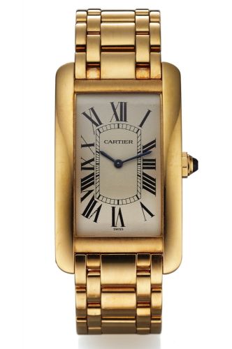 CARTIER REF. 1735 TANK AMERICAINE YELLOW GOLD.Cartier, Tank Américaine, case No. C35329, Ref. 1735-1..Made in the 1990s..Very fine, rectangular curved, 18K yellow gold wristwatch with a heavy 18K yellow gold Cartier link bracelet with double.deployant cla