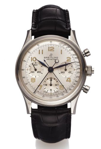 BREITLING REF. 791 SPLIT-SECONDS.CHRONO STEEL.Breitling, Genève, case No. 761318, Ref. 791..Made in the 1960s..Very fine and rare, water-resistant, antimagnetic.stainless steel wristwatch with round button.split-seconds chronograph, registers, tachometer.