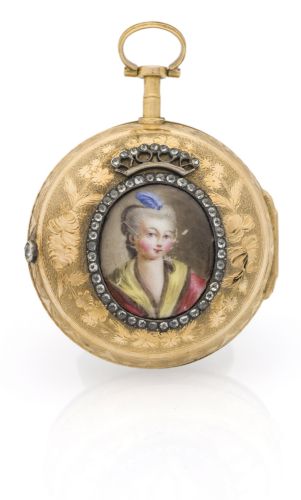 A) PHILIPPE FERROT A GENEVE Philippe ferrot a geneve -gilt brass,enamel and diamonds no. 4584. made circa 1780. Gilt brass painted on enamel with diamonds pair-cased pocket watch. B) SKELETONIZED DIAMOND SKELETONIZED DIAMOND,verge escapement,Gold pocket w