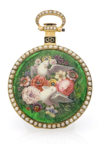 SUMMER FLOWERS Summer Flowers" Just Son, London, No. 3894. Probably made by Bovet, Fleurier, for the Chinese market, circa 1840. Fine, gold and painted on enamel pocket watch with center seconds.