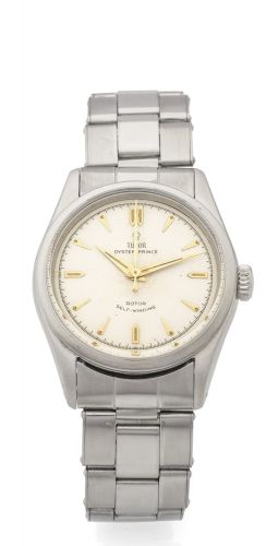 TUDOR, REF. 7909, OYSTER PRINCE, STEEL Tudor, Oyster Prince, Rotor Self-Winding, case No. 147033, Ref. 7909. Made in the 1950's. Fine and rare, self-winding, center seconds, water-resistant, stainless steel wristwatch with a Rolex stainless steel riveted 