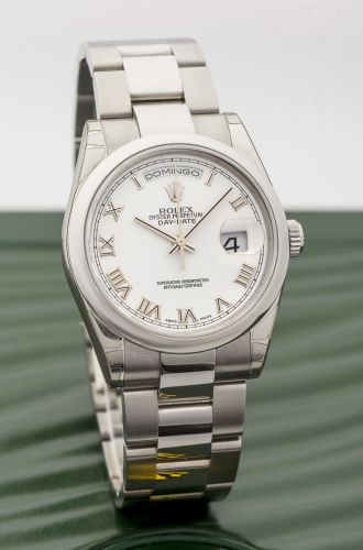 ROLEX REF. 118209 DAY-DATE WHITE GOLD Rolex, "Oyster Perpetual, Day Date, Superlative Chronometer Officially Certified", case No. D924504, Ref. 118209. Made in 2005. Very fine, center seconds, self-winding, water-resistant, 18K white gold wristwatch with 